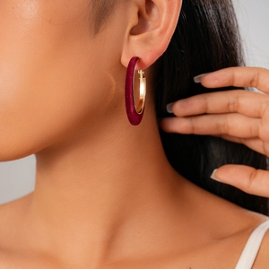 18K gold plated vintage red velvet geometric hoop earring worn by a model