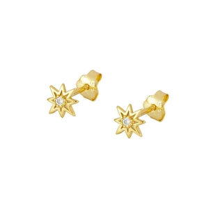 Detailed macro of gold plated S925 silver star earrings with clear cubic zirconia center