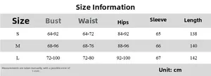 Size chart showing bust, waist, hips, sleeve and length details for the long dress