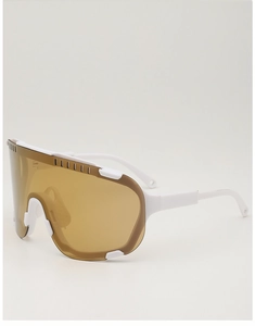 Detail view of white sport cycling sunglasses with side ventilation holes and gold lens