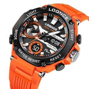Orologio sportivo ottagonale impermeabile con cinturino in silicone arancione e doppio display