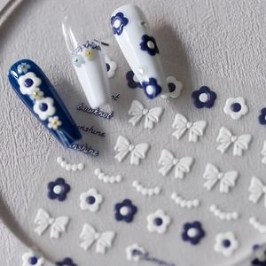 5D stereoscopic navy blue and white floral nail stickers with bows and pearls