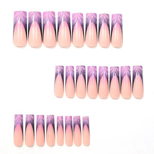 24pcs gradient purple long coffin press-on nails with 3D embossed wing patterns on white backdrop