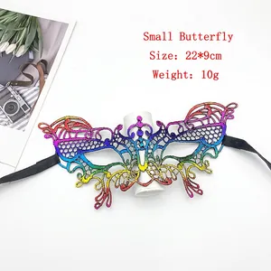 Detail view of rainbow lace butterfly mask showing 22x9cm size and fine embroidery details