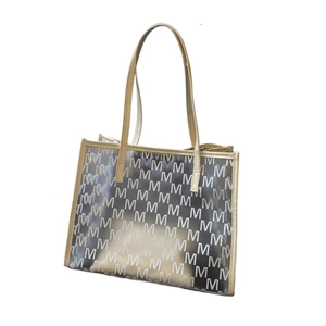 Champagne gold transparent tote bag with all-over M-letter print pattern and PVC finish