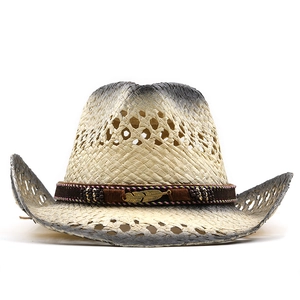 Hollow weave straw cowboy hat with metallic feather charm and distressed paint finish