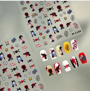 Detailed view of punk pop-art nail stickers featuring bold illustrations and text