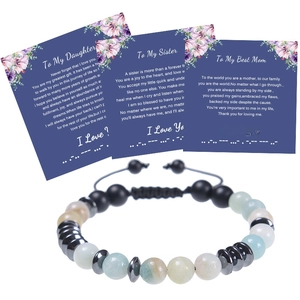 Handmade Morse Code Beaded Bracelet Amazonite Matte Agate Natural Stone Adjustable Braided Rope Inspirational Card Gift Family