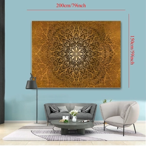 Detail showing 200x150cm dimensions of golden Mandala tapestry in a living room setting