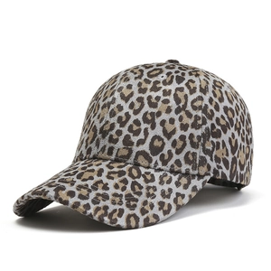 Women's leopard print baseball cap with curved brim shown from a 45-degree angle