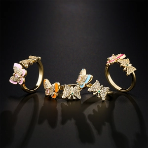18K gold plated butterfly open rings with colorful enamel and sparkling zircons