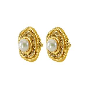Vintage gold pearl stud earrings with zircon halo and twisted metal border for women