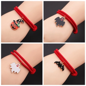 Halloween Adjustable Red Cord Bracelet With Alloy Enamel Bat Pumpkin Ghost Charms For Festive Party Accessory