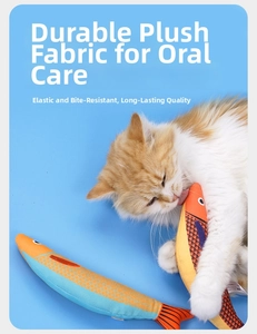 Cat chewing on a lifelike fish plush toy with durable material for dental care