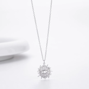 S925 Sterling silver evil eye necklace with sunburst pendant and clear zircon stone