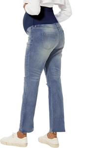 Detail of high-waist maternity jeans showing high-elastic belly band and back pockets