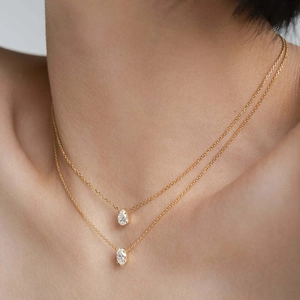 Double Layered Necklace Gold Copper Alloy With Pear And Oval Cubic Zirconia Pendants Minimalist Jewelry For Women