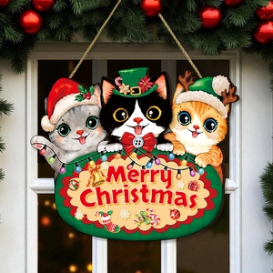 Christmas wooden door sign featuring cute cats with Merry Christmas text and holiday decor