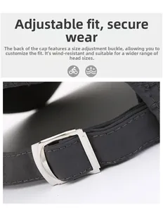 Detail view of the adjustable metal buckle on dark gray mesh hat for secure fit
