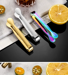 Detailed macro view of SUS 304 stainless steel sugar tongs in gold, silver, and rainbow colors