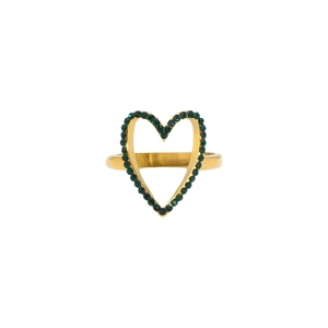 Minimalist 18K gold-plated heart ring with green zircon pave-setting on white background