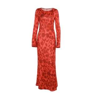 Elegant floral print long sleeve maxi dress in red with round neck for autumn style