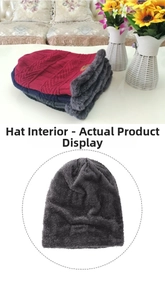Detail of the thick grey fleece lining inside the knitted winter beanie for warmth
