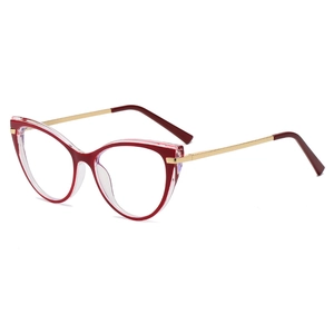 Women's cat eye TR90 glasses frame with red rims and golden metal spring hinges