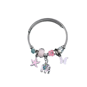 Silver steel cable bracelet with pink elephant charm and colorful crystal beads