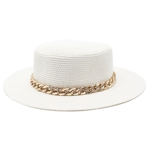 White flat top straw boater hat for women with bold gold chain band and wide brim for summer