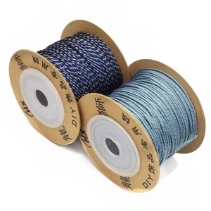 Macro view of blue and gold metallic thread spools for DIY jewelry making and crafts