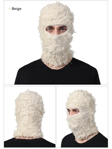 Detailed views of beige knitted distressed balaclava showing fringe texture and full coverage