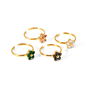 Set of four adjustable gold stainless steel flower rings with colorful zircon gemstones