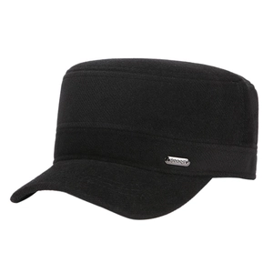 Classic black wool cadet hat for men with flat top and sport metal badge detail
