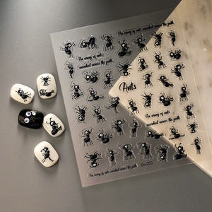 5D jelly nail stickers with cute black ant designs and English letter accents