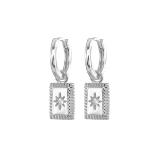 Detail showing the S925 hallmark on silver earrings with a star zircon pendant