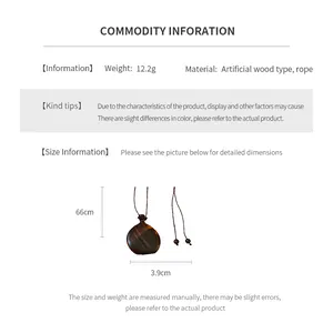 Detailed size chart for faux wood pendant necklace with 66cm rope and 12.2g weight specs