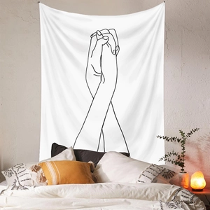 Detailed close-up of a minimalist line art tapestry in a cozy bedroom scene
