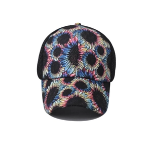 Floral sunflower print ponytail baseball cap with breathable black mesh and curved brim