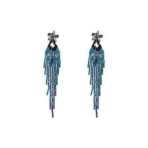 Vintage silver tassel earrings with blue rhinestone flower and layered chain drop fringe
