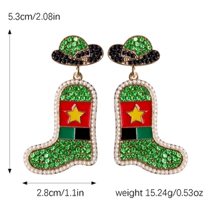 Detailed view showing dimensions and weight of Christmas boot and cowboy hat earrings