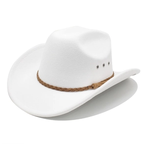 Classic white felt western cowboy hat with brown braided band on a clean white background