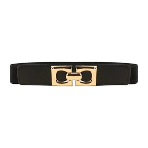 Women's black elastic waist belt with large square gold buckle and leather accents