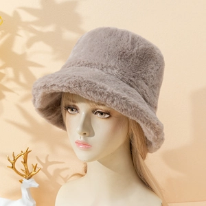 Thick plush faux rabbit fur bucket hat for women in warm light brown autumn style