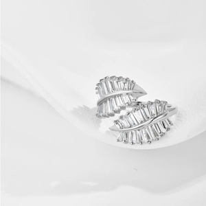 Detail of S925 sterling silver leaf ring with marquise and baguette zircon inlay