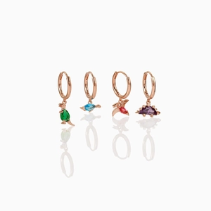 Set of four rose gold dinosaur earrings with colorful cubic zirconia in green, blue, pink, and purple