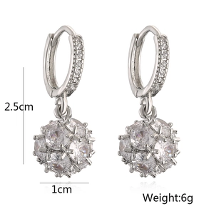 Detailed size view of silver geometric earrings with sparkling zircon spherical charms