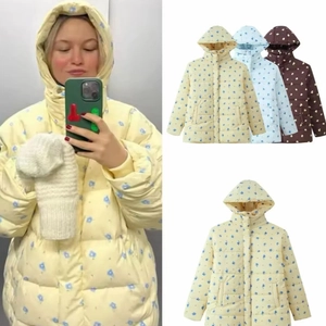 Women Floral Print Puffer Jacket Drawstring Hooded Quilted Cotton Padded Coat Retro Sweet Winter Warm Outerwear