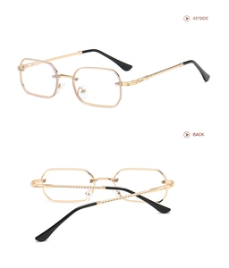 Detail view of gold polygonal metal frame sunglasses showing 45-degree side and back angles