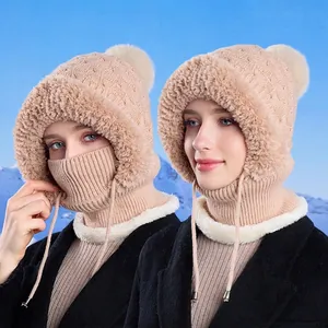 Integrated Balaclava Hat Scarf Mask For Women Winter Knitted Acrylic Faux Fur Lined Thermal Windproof Outdoor Warm Pom Pom